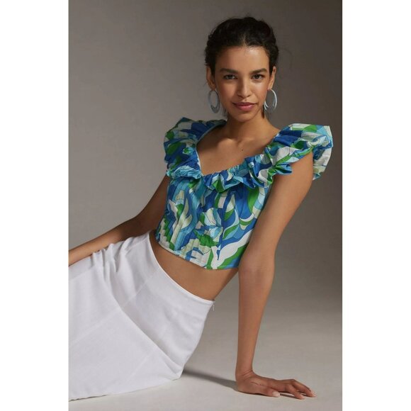 Anthropologie Maeve Top M Blue Puff Sleeve Ruffle Crop Top  V-Neck  Smocked - Picture 2 of 9